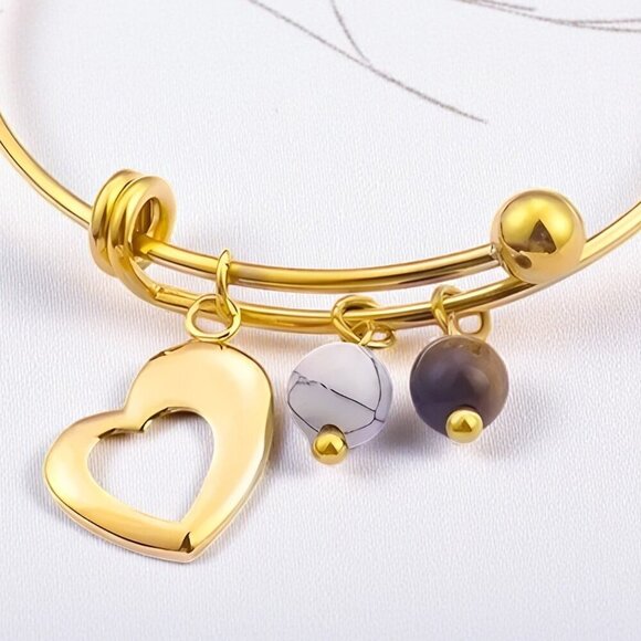 Boho Chic Bangle with Heart Tiger's Eye & Magnesite Charms 18K Gold Plated - Picture 5 of 14